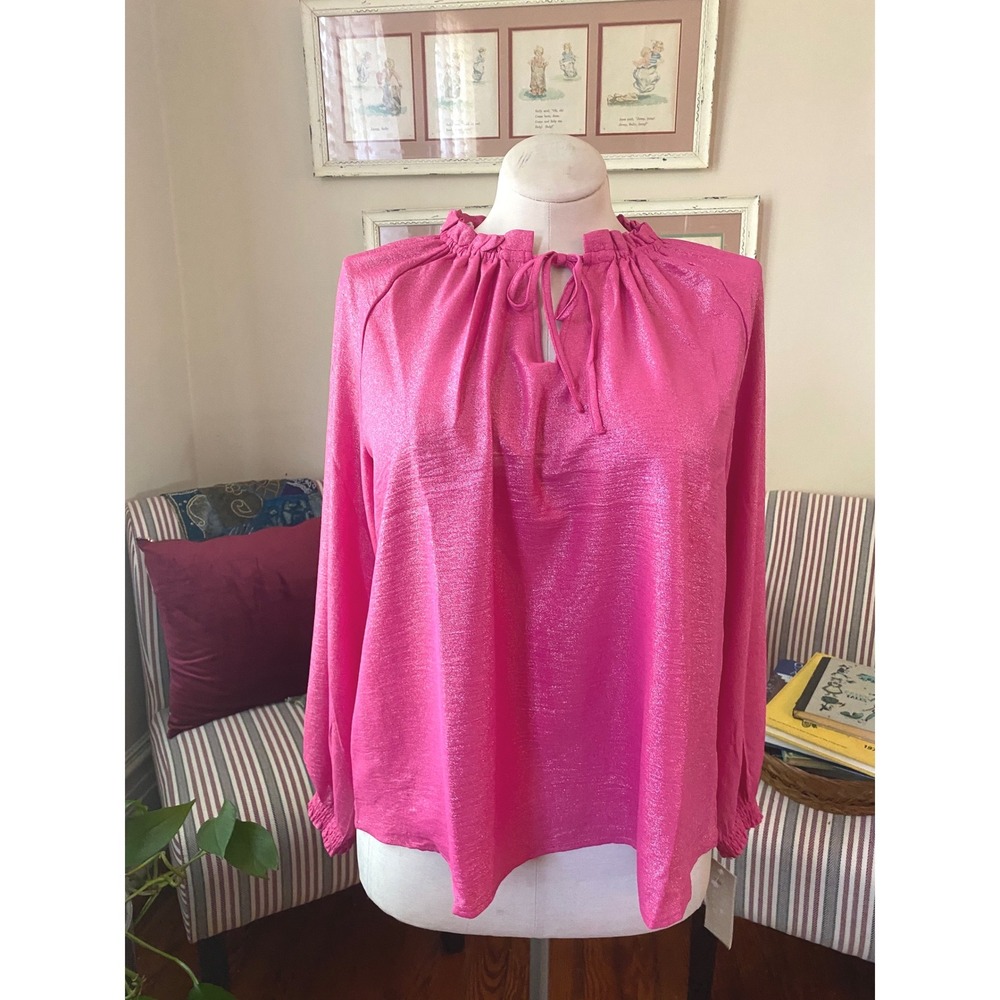 Hope & Harlow Magenta Silver Metallic Ruffle Tie Neck Blouse Large NWT - Picture 2 of 8